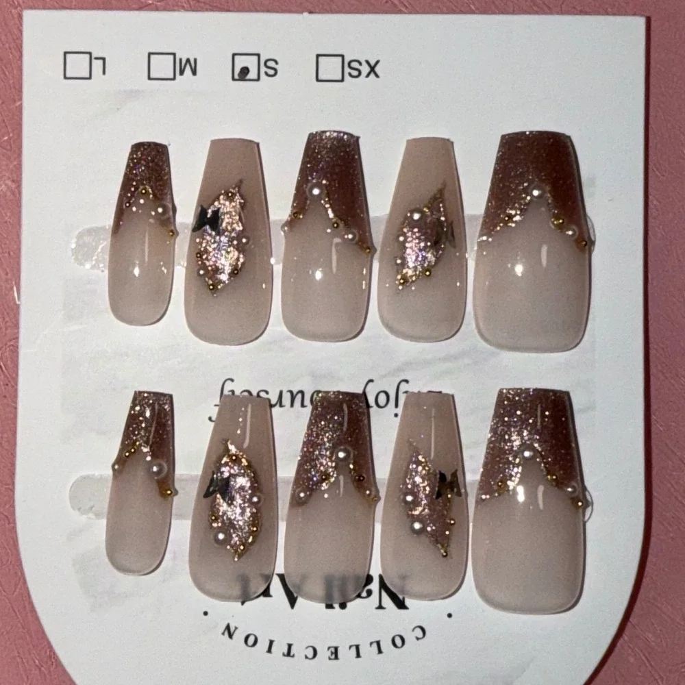 Rose Gold Glitter Press On Nails 3D Pearl Butterfly Coffin Shape Size Small 10pc